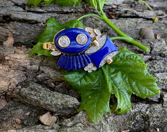 Blue Lapis Slide, Gold and Lapis Brooch, Lapis Pin, Lapis and Diamond Pin