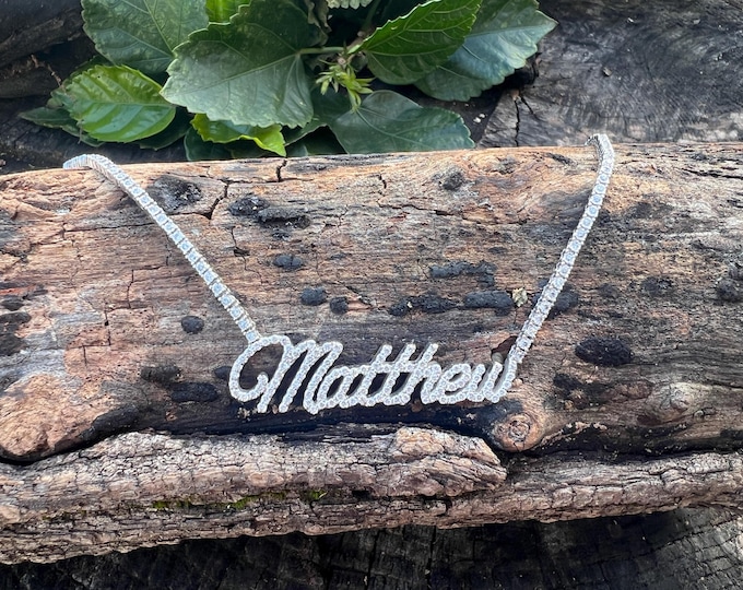 Diamond Matthew Name Plate, Matthew Name Necklace, Diamond Matthew