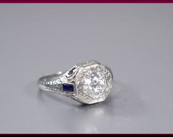 Antique Diamond Engagement Ring Filigree Diamond Engagement Ring with Old European Cut Diamond 18K White Gold Wedding Ring - ER 628M