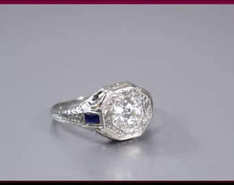 Antique Diamond Engagement Ring Filigree Diamond Engagement Ring with Old European Cut Diamond 18K White Gold Wedding Ring - ER 628M