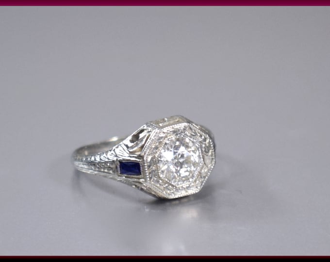 Antique Diamond Engagement Ring Filigree Diamond Engagement Ring with Old European Cut Diamond 18K White Gold Wedding Ring - ER 628M