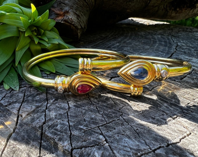 18K Yellow Gold  Ruby Bangle, Sapphire Bangle, Set of 2 Gold Bangles, Gold Bangle Set, Chic Bangles