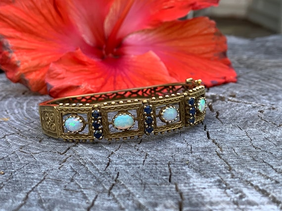 Vintage Gold Opal Bangle, Opal Bracelet, October … - image 1