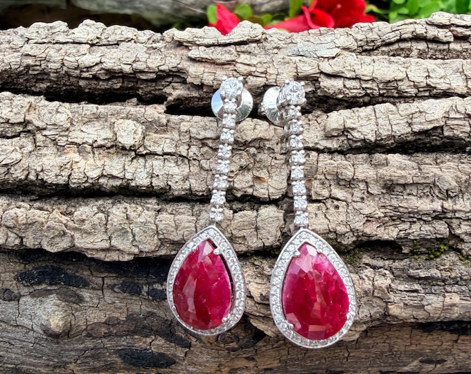 14k Yellow Gold Ruby Diamond Dangle Earrings, Emerald Cut 11.11ct Rubies, GIA Certified