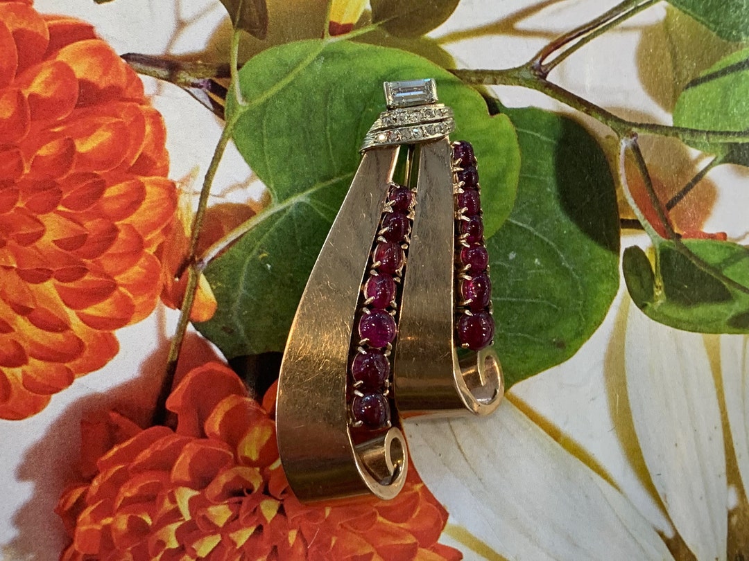 Retro Ruby Pin, Ruby Ribbon Pin, Gold Ribbon Brooch, Ruby Ribbon Brooch ...