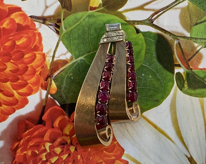 Retro Ruby Pin, Ruby Ribbon Pin, Gold Ribbon Brooch, Ruby Ribbon Brooch,