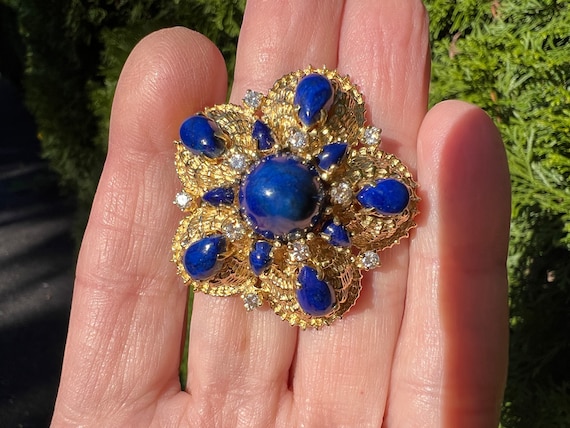 Lapis and Diamond Brooch, Gold and Lapis Brooch, … - image 3