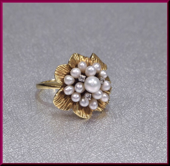 Pearl Cluster Ring, Diamond and Pearl Ring, Flower
