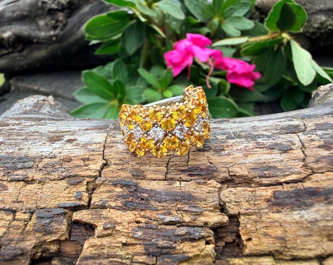 1990s 18k Yellow Gold Cluster Ring, Yellow Sapphire & Diamond Cocktail Band