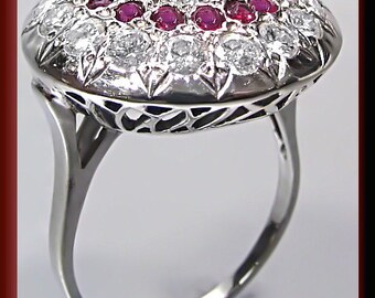 Antique Vintage 1950's Sunburst 14k White Gold Diamond and Ruby Cocktail Ring
