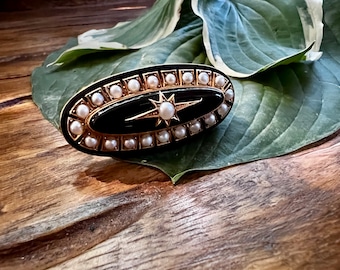 Victorian Onyx Brooch, Onyx and Pearl Pin, Victorian Onyx Pin