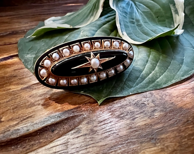 Victorian Onyx Brooch, Onyx and Pearl Pin, Victorian Onyx Pin