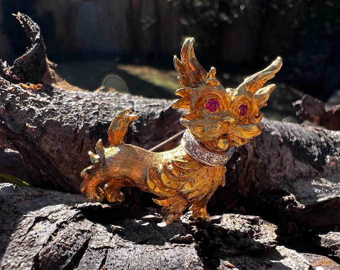 Gold Dog Brooch, Yorkie Dog Brooch, Dog Pendant, Terrier Brooch, Dog Pin, Dog Brooch