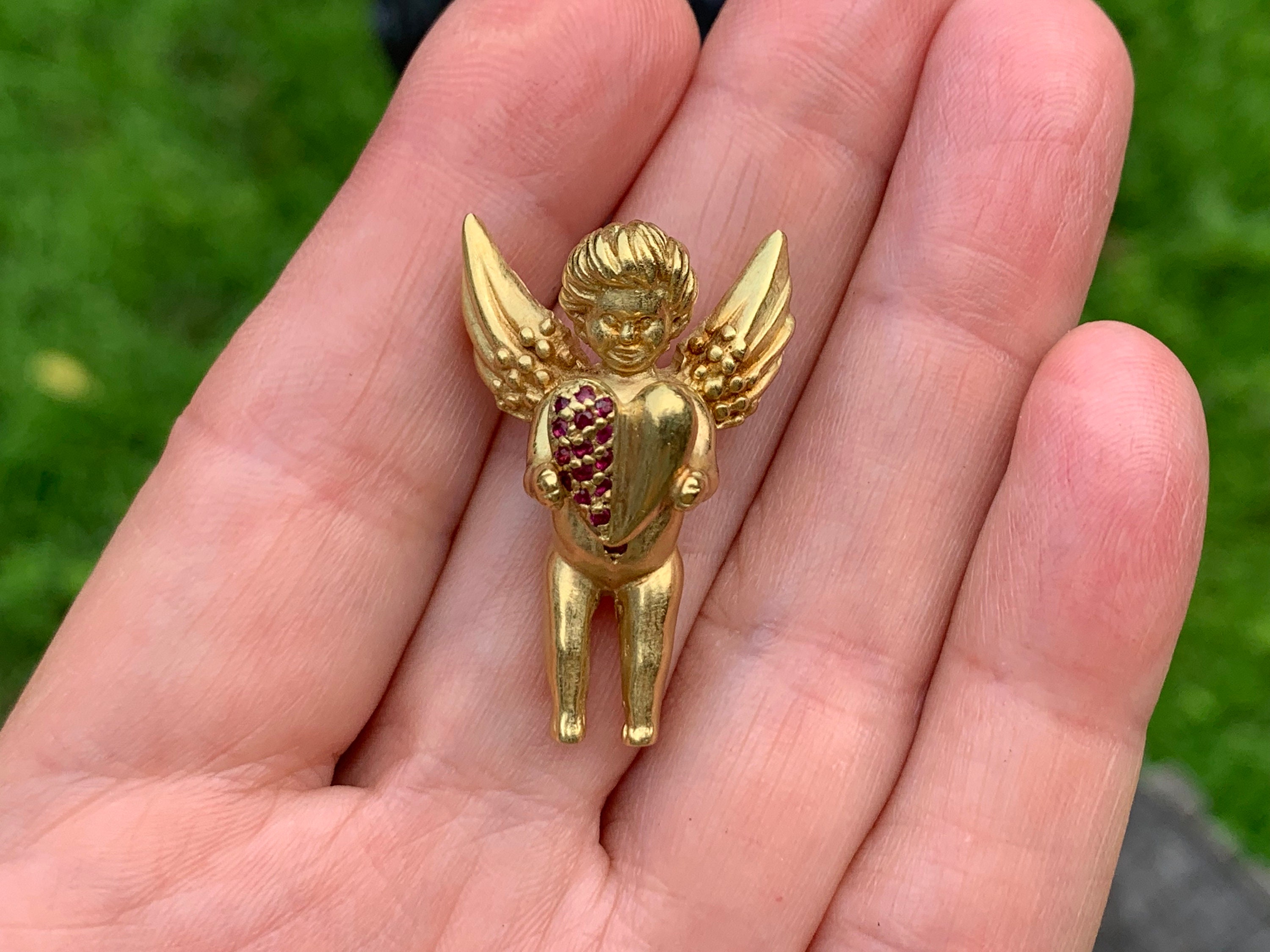 Gold Cupid Charm Gold Angel Pendant Ruby Heart Gold Cherub