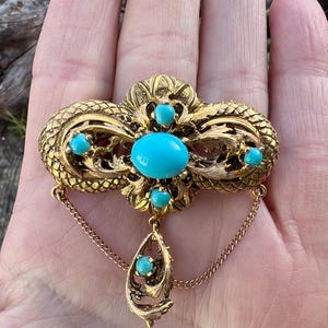 Turquoise Brooch, Gold Turquoise Pin, Turquoise Pin