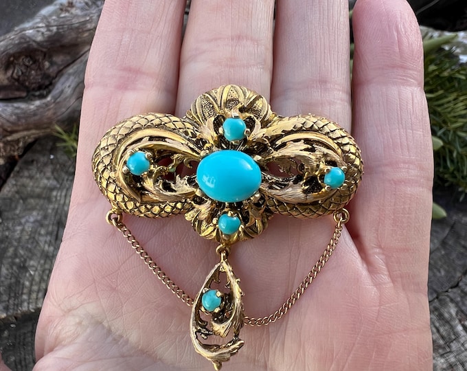 Turquoise Brooch, Gold Turquoise Pin, Turquoise Pin