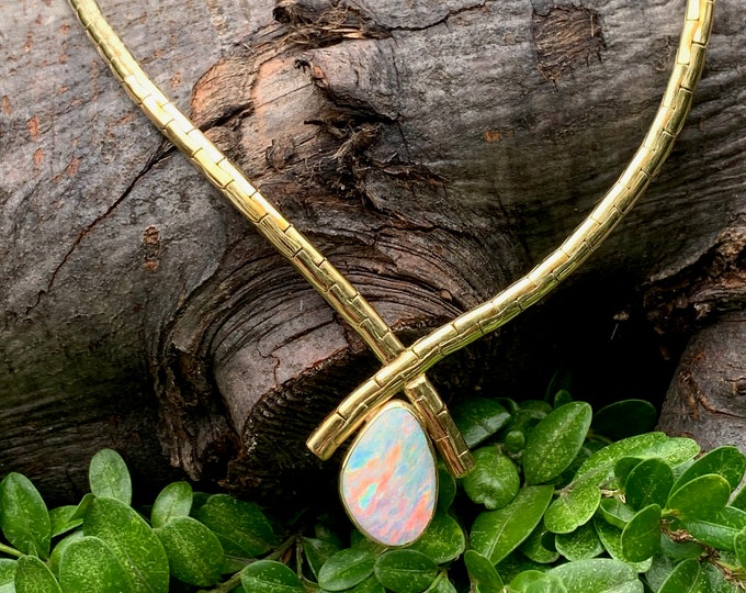 Gold and Opal Pendant, Opal Necklace, October Birthstone