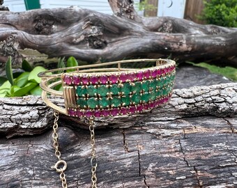 Ruby and Emerald Bangle, Wide Ruby Bangle, Wide Emerald Bangle, July Birthstone, May Birthstone