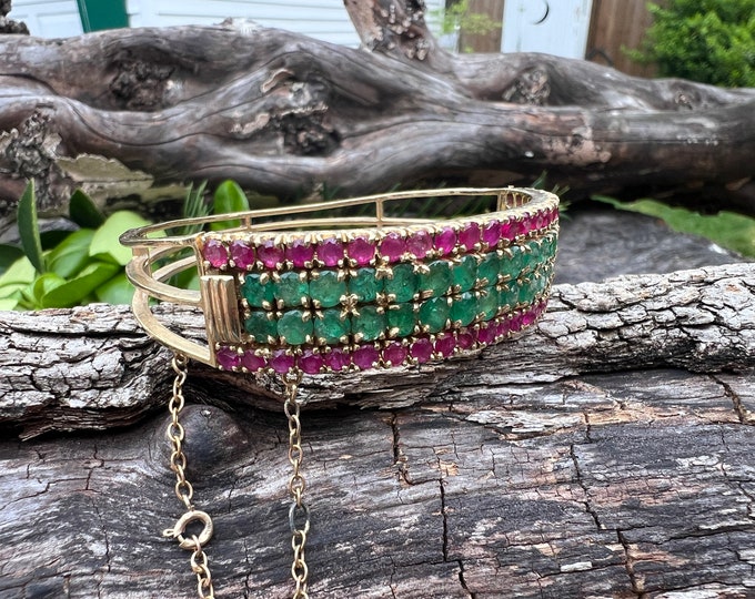 Ruby and Emerald Bangle, Wide Ruby Bangle, Wide Emerald Bangle, July Birthstone, May Birthstone