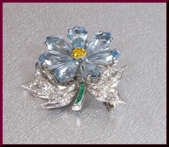 Art Deco Brooch, Platinum Flower Brooch, Aquamari… - image 2