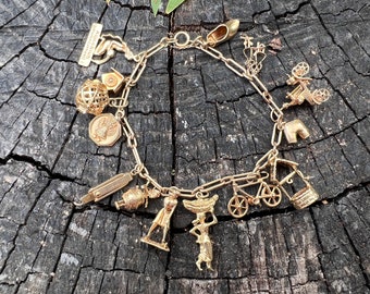 Yellow Gold Charm Bracelet,  Vintage Charm Bracelet, Large Charm Bracelet
