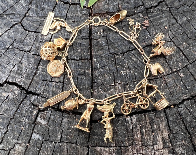 Yellow Gold Charm Bracelet,  Vintage Charm Bracelet, Large Charm Bracelet