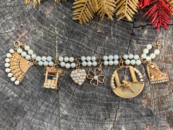 Pearl Charm Bracelet, Piano Charm, Heart Charm, Pe