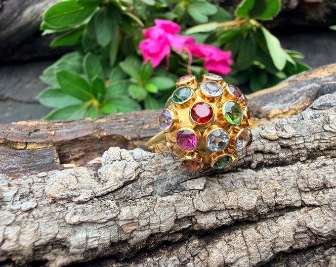 1960s 18k Yellow Gold Sputnik Ring, Amethyst, Garnet, Blue Topaz, Tourmaline