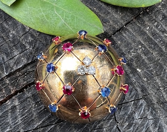 Ruby Dome Brooch, Sapphire Dome Pin, Sapphire and Ruby Pin, Gold Ruby Brooch, Gold Bubble Pin