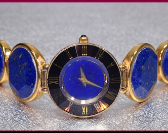 Blue Lapis Watch, Gold and Lapis Watch, Lapis Watch, Lapis and Onyx Watch, Blue Lapis Bracelet, Statement Watch