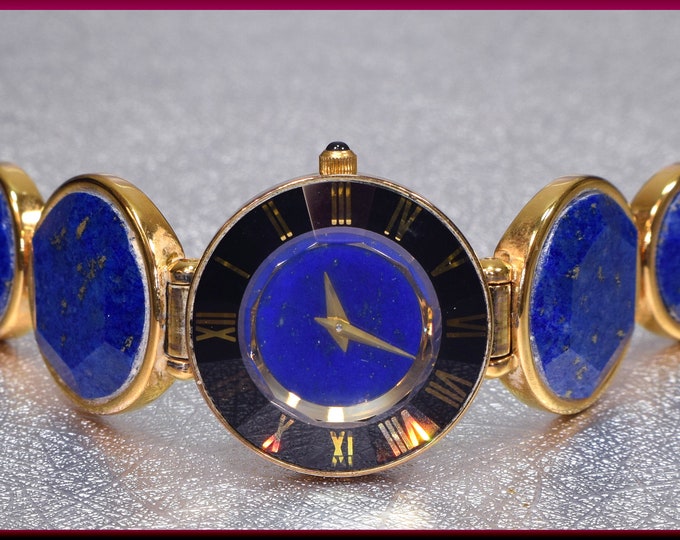 Blue Lapis Watch, Gold and Lapis Watch, Lapis Watch, Lapis and Onyx Watch, Blue Lapis Bracelet, Statement Watch