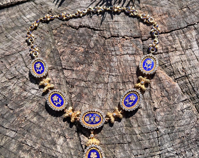 Blue Enamel Drop Necklace., Rose Cut Diamond Choker, Enamel and Diamond Choker