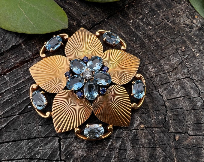 Aquamarine Brooch, Aqua Brooch, Aqua Flower Pin, Aquamarine Flower, Aquamarine Pin