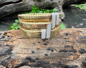 18k Yellow Gold Tubogas Style Diamond Bracelet, Snake Chain Diamond Bangle