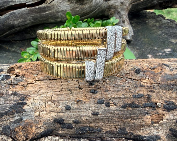 18k Yellow Gold Tubogas Style Diamond Bracelet, Snake Chain Diamond Bangle