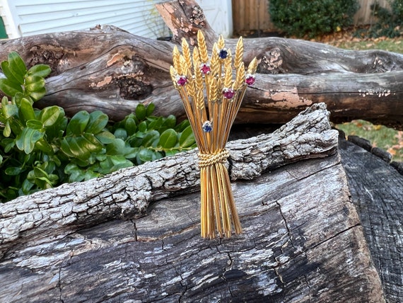 Gold Wheat Brooch, Gold Leaf Brooch, Ruby Leaf Pi… - image 8