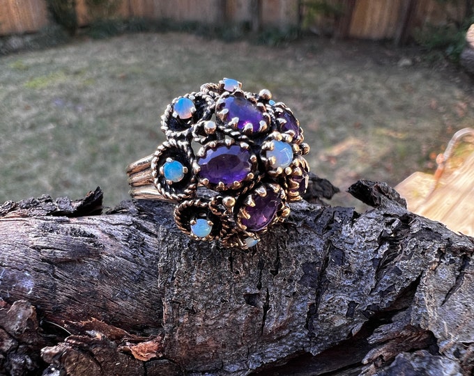 Amethyst Cluster Ring, Opal Cluster Ring, Amethyst Dome Ring, Opal Dome Ring, February Birthstone, October Birthstone