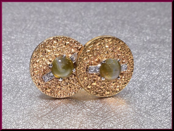 Cat's Eye Cufflinks Hammered Gold Cufflinks  Diam… - image 1