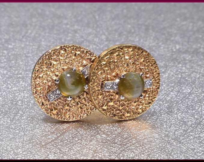 Cat's Eye Cufflinks Hammered Gold Cufflinks  Diamond Cufflinks Wedding Cufflinks Lucien Picard Cufflinks Grooms Gift Anniversary Gift