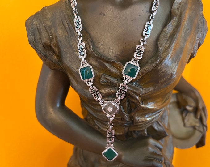 Crystal Necklace, Crystal Pendant, Chrysoprase Necklace, Art Deco Pendant, Filigree Pendant, Deco Filigree Pendant, Antique Necklace