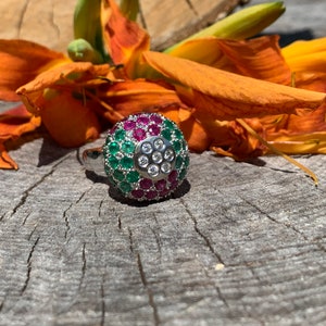Yellow Gold Diamond, Ruby and Emerald Cluster Ring, Multi Gem Cluster Ring, Ruby Cocktail Ring, Multi Stone Ring