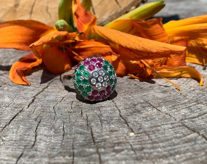 Yellow Gold Diamond, Ruby and Emerald Cluster Ring, Multi Gem Cluster Ring, Ruby Cocktail Ring, Multi Stone Ring