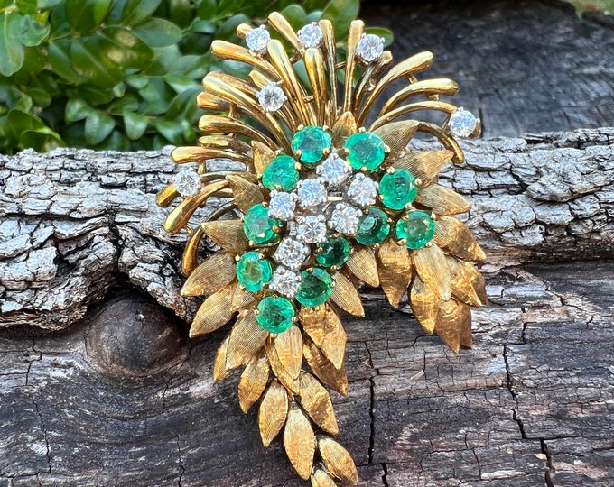 Emerald Spray Brooch, Diamond Floral  Brooch, Diamond Spray Pin