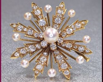 Pearl Flower Pin, Diamond Flower, Diamond Brooch, Sunburst Brooch