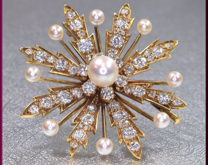 Pearl Flower Pin, Diamond Flower, Diamond Brooch, Sunburst Brooch
