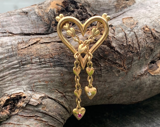 Gold Heart Brooch, Heart Pendant, Gold Heart Pin, Ruby Heart, Diamond Heart