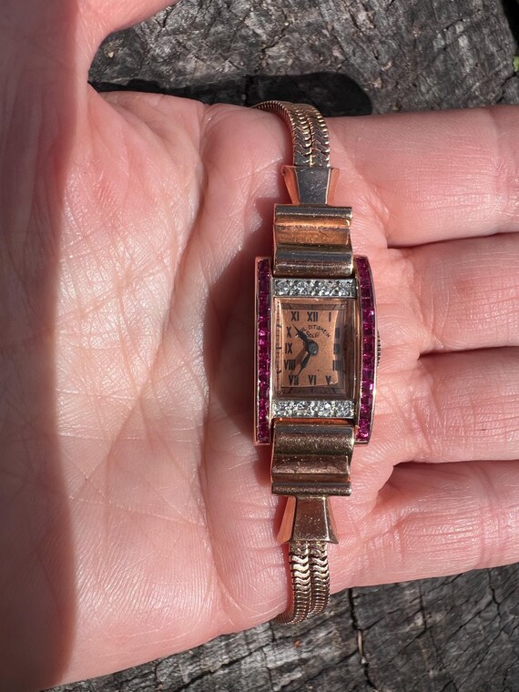 14k Rose Gold Retro Ruby Diamond Watch - Paul Dit… - image 5