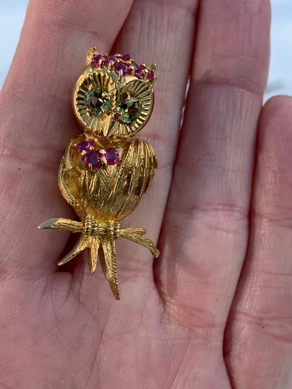 Gold Owl Brooch, Ruby Owl Brooch, Gold Bird Brooc… - image 10