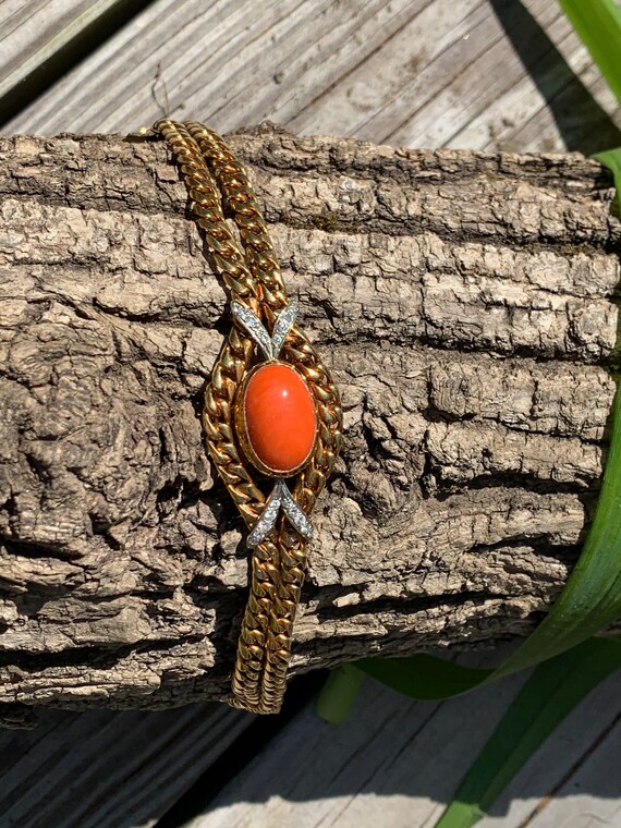 Coral and Diamond Bracelet, Gold Coral Bracelet, … - image 3