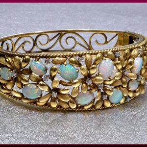 Vintage Gold Opal and Diamond Bangle, Opal Bracelet, October Birthstone, Gemstone Bangle, Fiery Opal Bangle